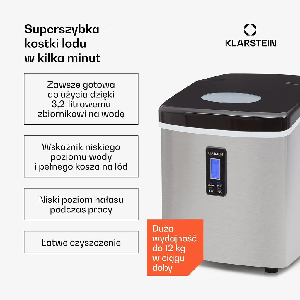 Klarstein Mr. Silver Frost kostkarka do lodu - 150 W, zbiornik 3,3 litra, wyściółka z tworzywa sztucznego bez smaku, system pomp, łatwy do czyszczenia, odłączane części, stal nierdzewna, czarny