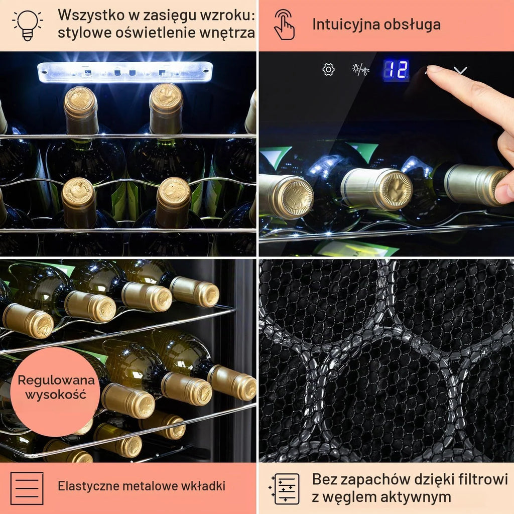 Klarstein Shiraz, chłodziarka do wina - mini lodówka, lodówka do wina, winiarka, kompaktowa chłodziarka na wino, przejrzysty dotykowy panel, led oświetlenie wnętrza, kolor czarny, wariant: 67l, 20 butelek