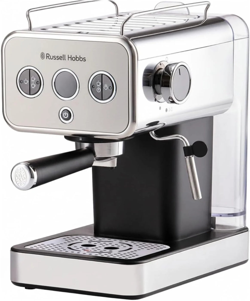 Russell Hobbs ekspres do kawy, ciśnieniowy, 15 bar, dysza do podgrzewania/spieniania mleka, podgrzewacz do filiżanek, wskaźnik LED, szczotkowana stal nierdzewna, titanium, 1350W, Distinctions 26452-56