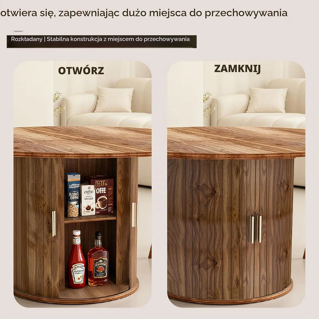 110-150 cm wysuwany okrągły stół jadalny z ukrytą podstawą do przechowywania, stół cokołowy w stylu drewna dla 4-6 osób, nowoczesny stół kuchenny z ziarnem orzecha włoskiego, oszczędzający