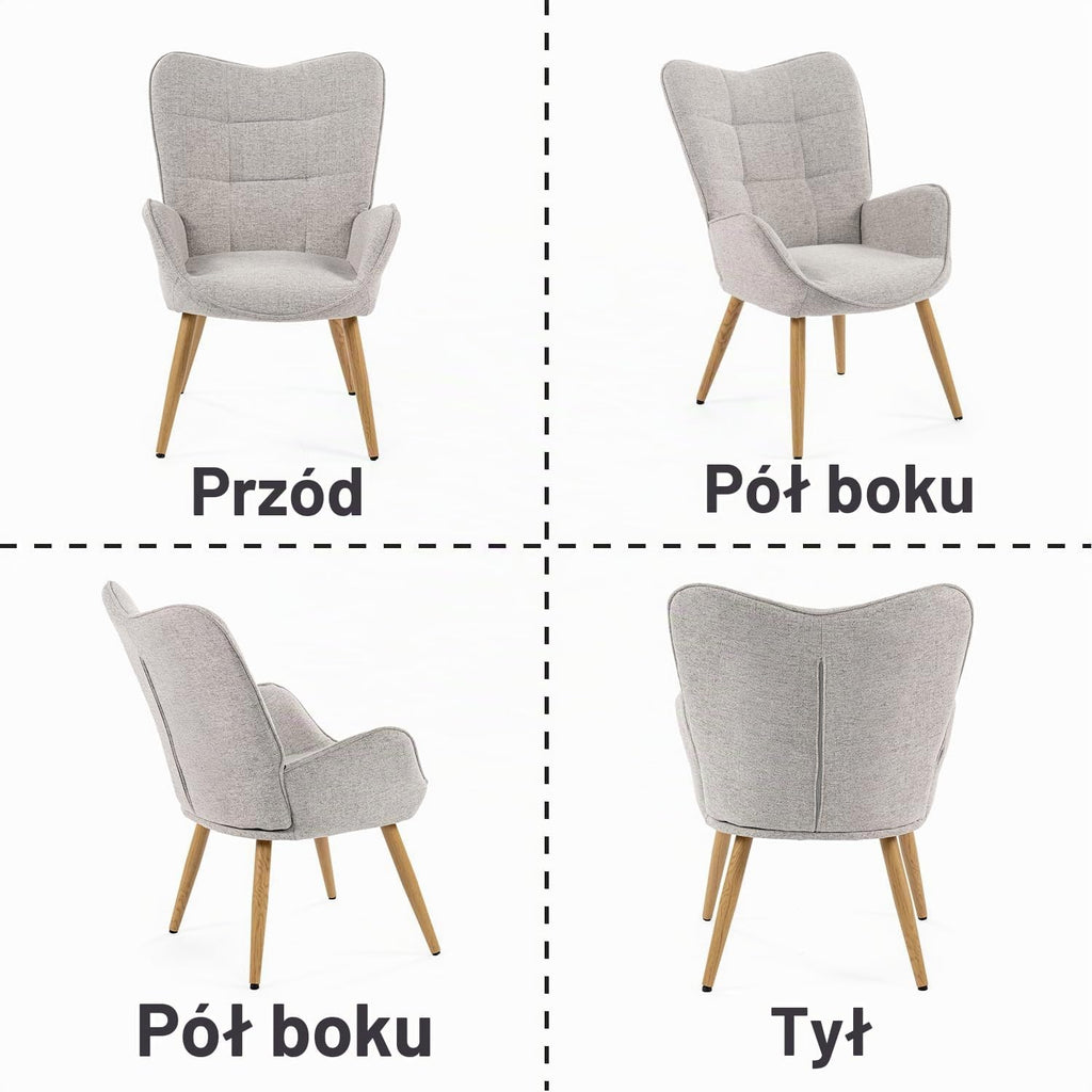 MEUBLE COSY Fotel do salonu krzesło akcentujące z wysokim oparciem skrzydła i wyściełanymi podłokietnikami, drewniane nogi, pojedyncza sofa do czytania sypialni, tkanina, szary