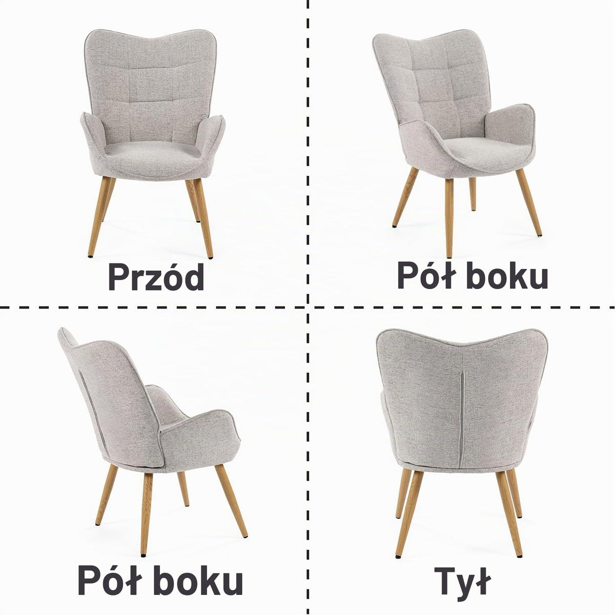 MEUBLE COSY Fotel do salonu krzesło akcentujące z wysokim oparciem skrzydła i wyściełanymi podłokietnikami, drewniane nogi, pojedyncza sofa do czytania sypialni, tkanina, szary