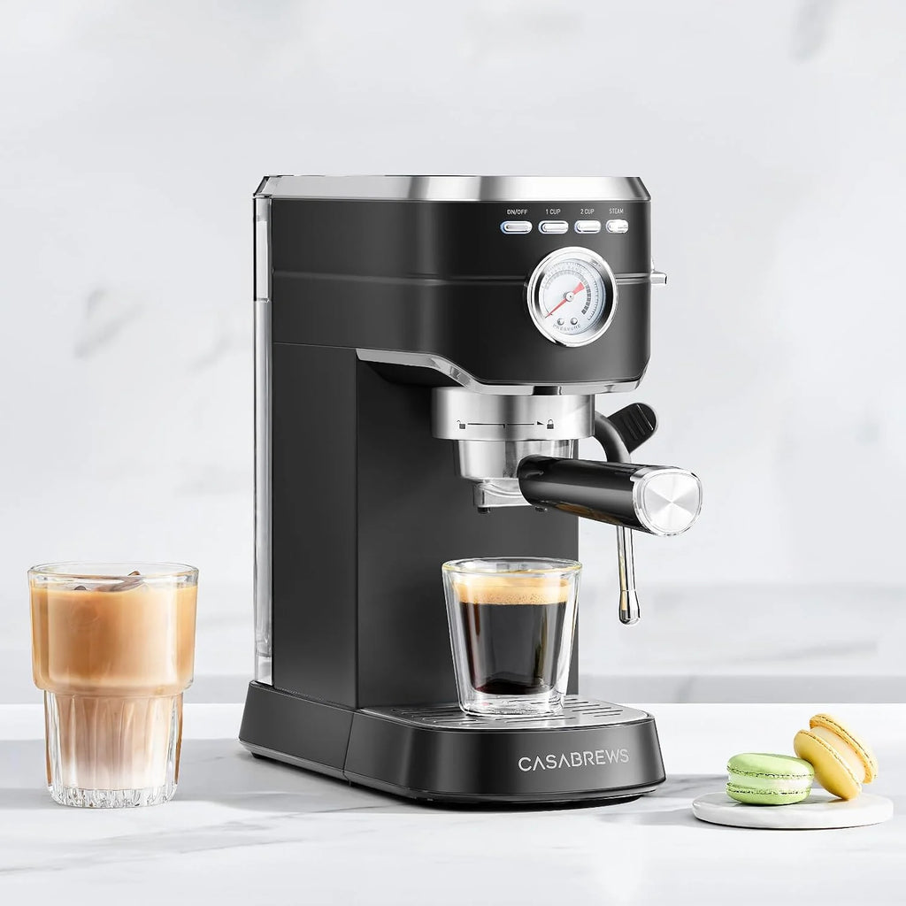 CASABREWS Ekspres do kawy z 20 barami, ekspres do kawy ze stali nierdzewnej ze spieniaczem do mleka, kompaktowy domowy ekspres do cappuccino, ekspres do kawy i