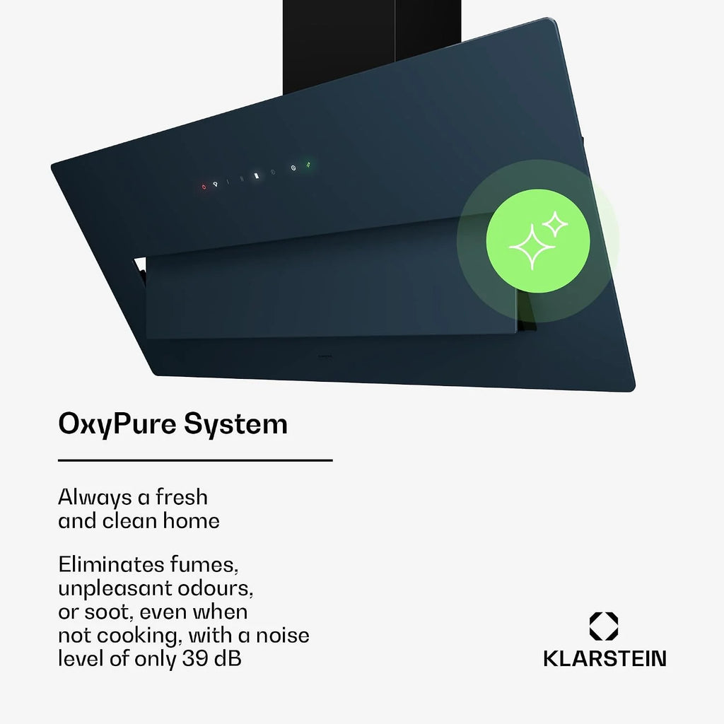Klarstein SleekAir Okap kuchenny - Okap skośny 90cm, 717 m³/h, Klasa energetyczna A++, Sterowanie dotykowe, LED 5W, Podwójna wentylacja, Antracytowy