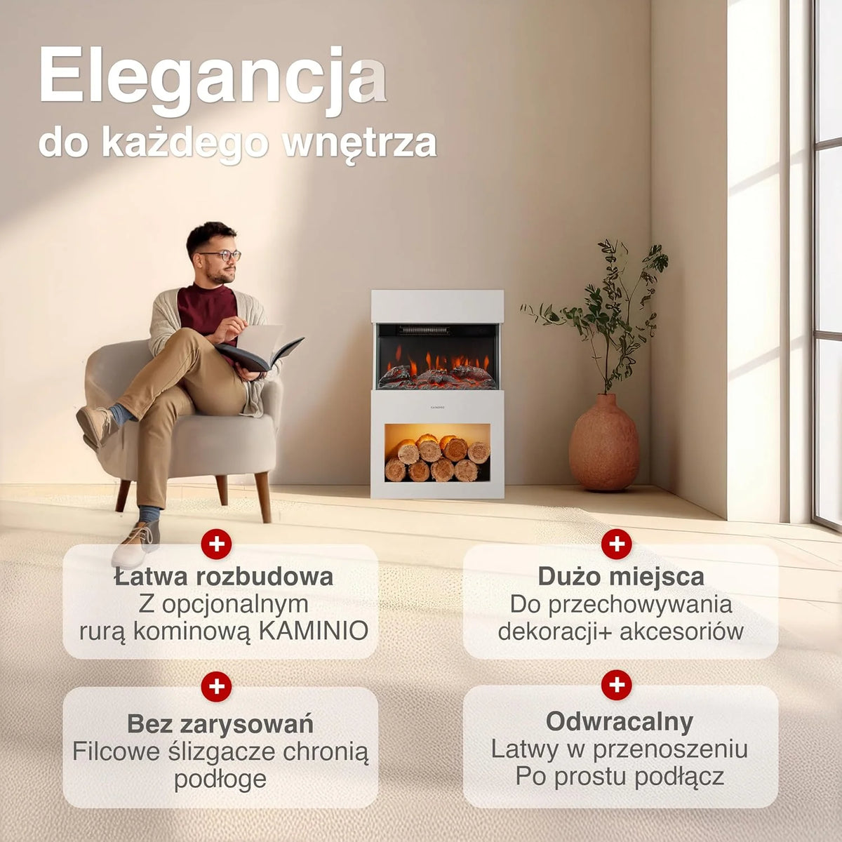 KAMINIO Kominek elektryczny HENRI - Elektryczny piec kominkowy z ogrzewaniem, efektem 3D płomieni, schowkiem na drewno (Biały)