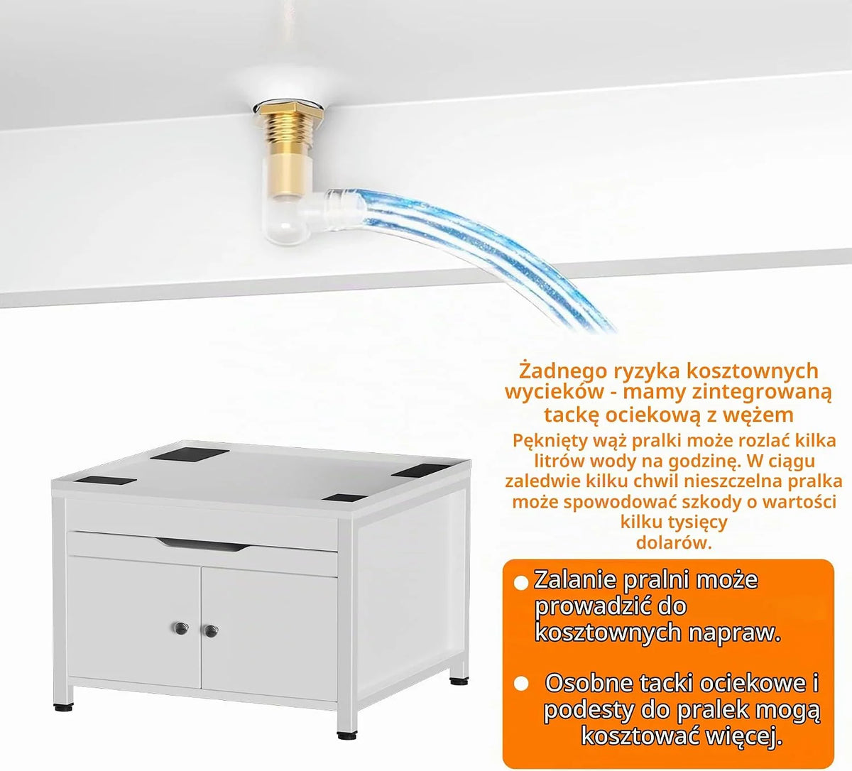 Stojak do pralki i suszarki z półką na kosz na pranie i zintegrowaną tacą odpływową + elastyczny wąż, nośność 700 lb, wykonany z płyty MDF i metalu, 63 x 54 x 50 cm