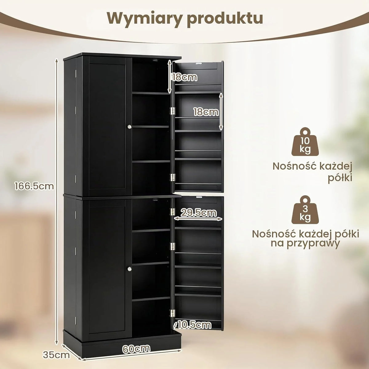 COSTWAY Szafka kuchenna wysoka, szafka na zapasy 170 cm (czarna)