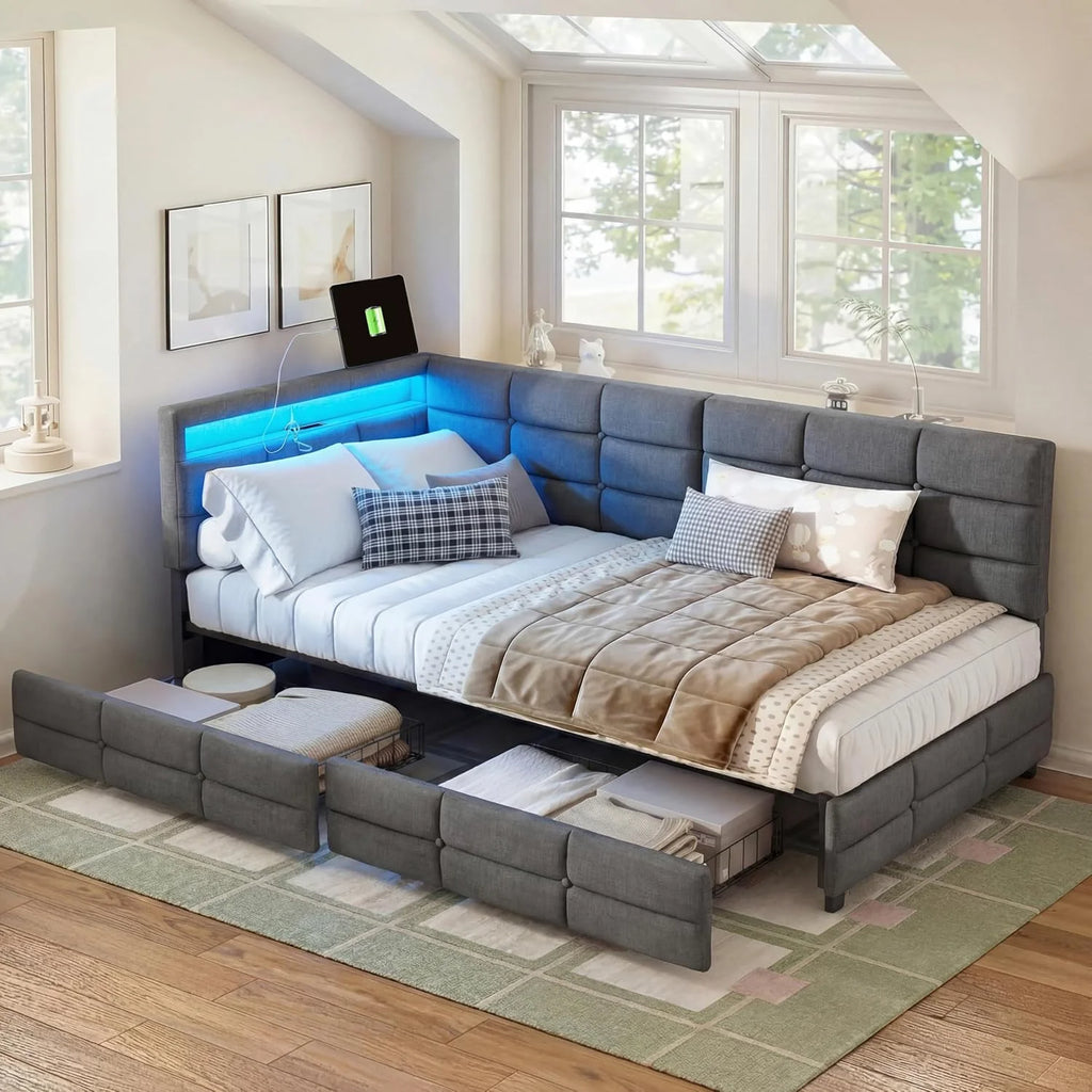 łóżko tapicerowane, 90 x 200 cm z gniazdami LED i USB, łóżko młodzieżowe ze stelażem z drewna i 2 szufladami, łóżko dziecięce, sofa do spania, łóżko dzienne, rama łóżka, len, kolor szary, bez