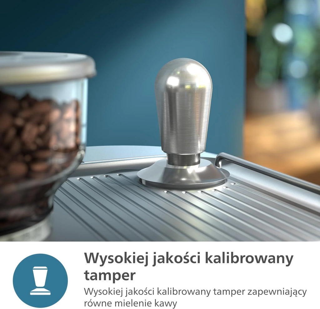 Półautomatyczny ekspres do kawy Philips Barista Brew - pojedyncze i podwójne espresso + przycisk Americano, pojemnik na kawę 250 g, skalibrowany tamper, metaliczny srebrny (PSA3218/01)