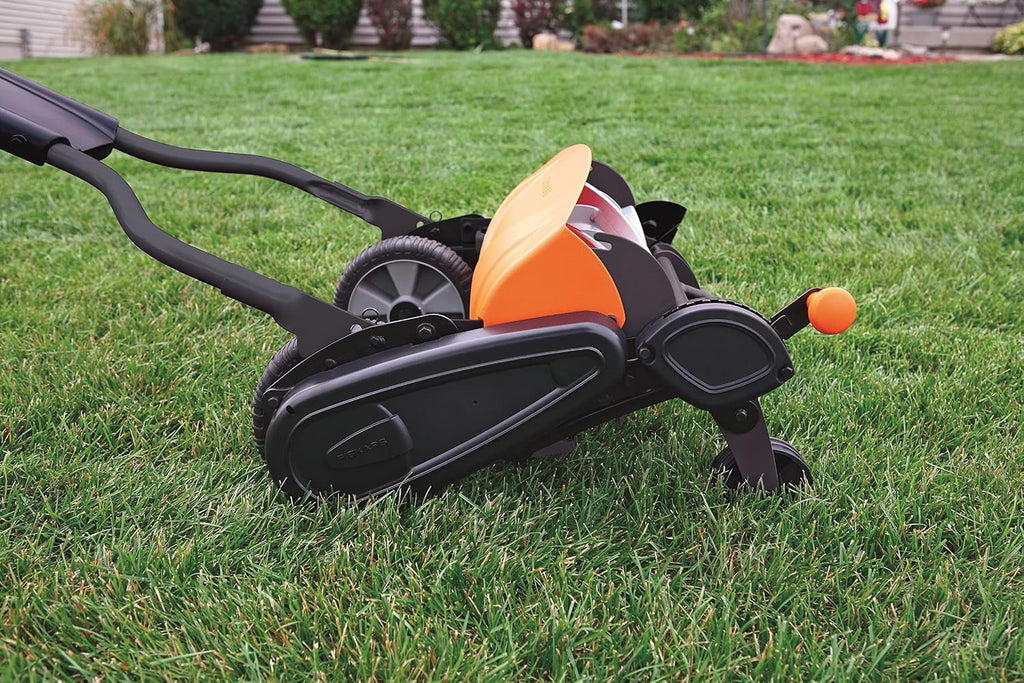 Fiskars Kosiarka bębnowa, kosiarka z bezdotykowym systemem tnącym, szerokość koszenia: 46 cm, StaySharp Max, czarny/pomarańczowy/srebrny, 1000591