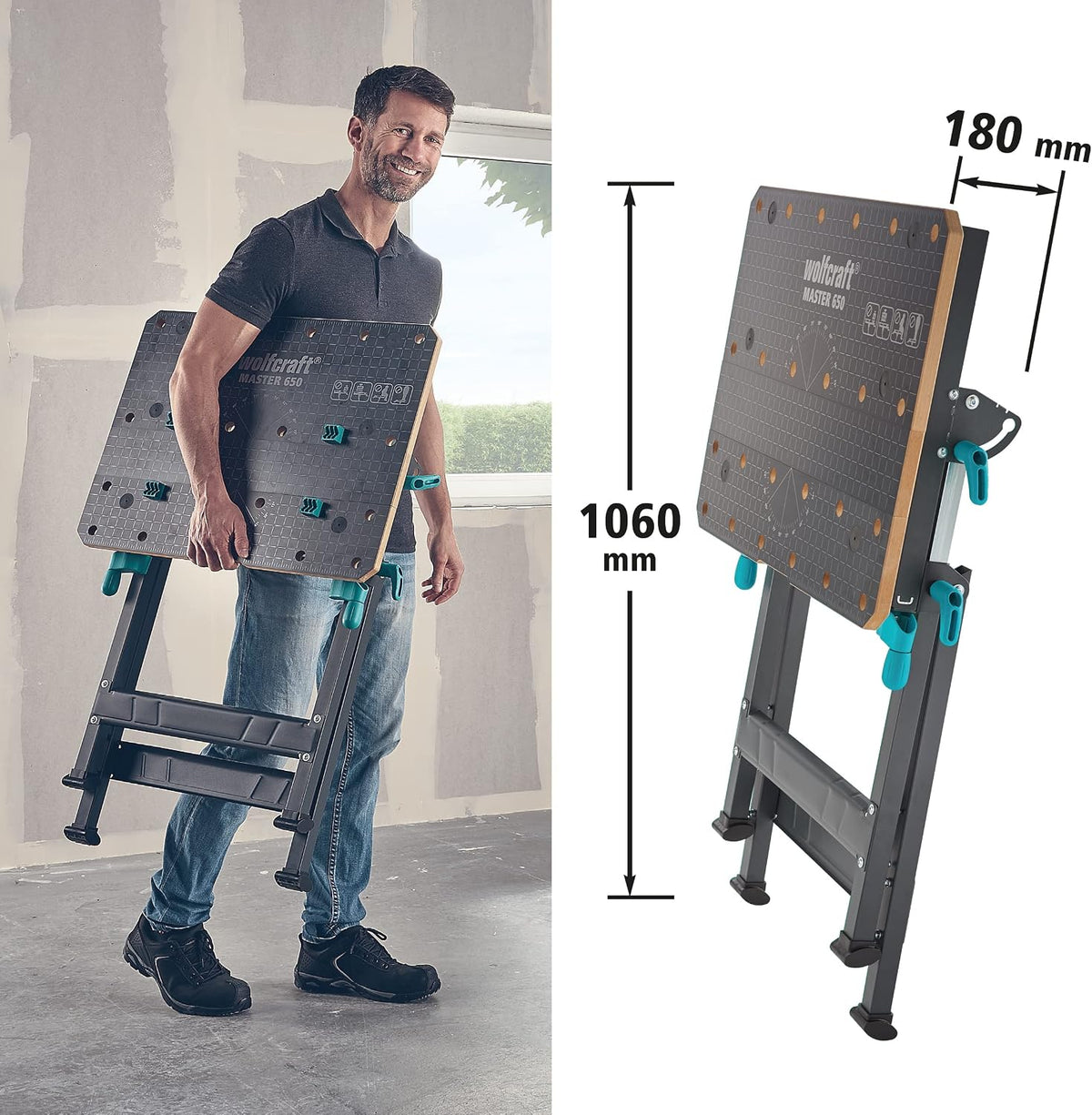 Wolfcraft Master 650 Ergo Stół Zaciskowo-Roboczy, Antracytowy/Szary, 650 x 720 x 950 mm