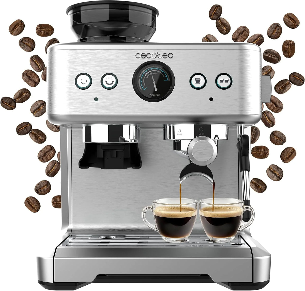Cecotec Ekspres do kawy Express 20 barów Power Espresso 20 Barista, 2250 W, manometr, 2 Thermoblocks, regulowany parowiec, pojemnik na kawę ziarnistą i młynek z 20 poziomami