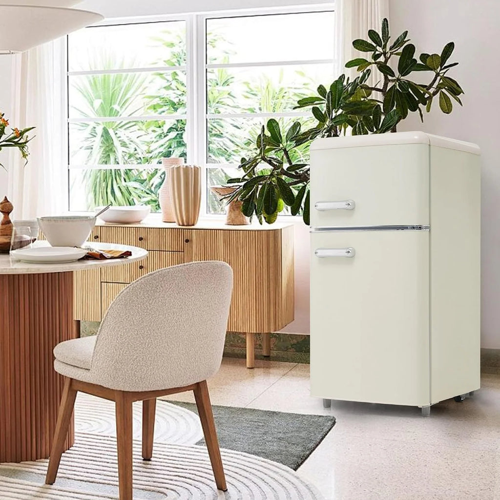 Lodówka w stylu retro, model z podwójnymi drzwiami, pojemność lodówki 51 litrów, zamrażarka 21 litrów, zużycie energii 120 kWh/rok, oświetlenie LED, kompaktowa i energooszczędna White