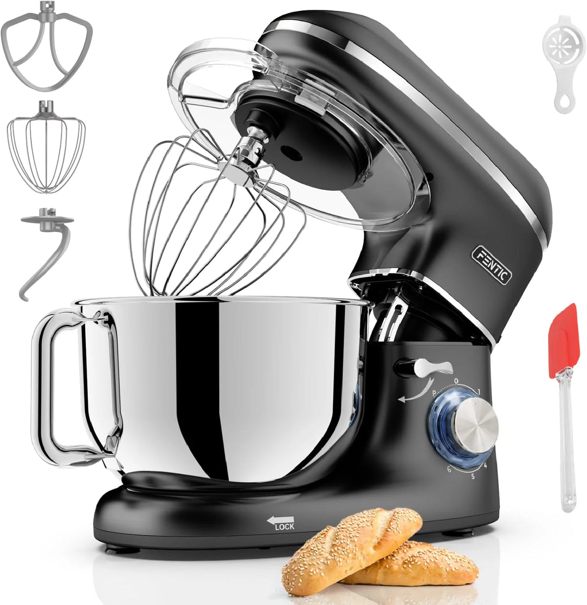Robot kuchenny - 2000 W - miska do mieszania ze stali nierdzewnej (6,2 l) - mikser kuchenny z mieszania, hakiem do zagniatania, trzepaczką i ochroną przed pryskaniem - w zestawie