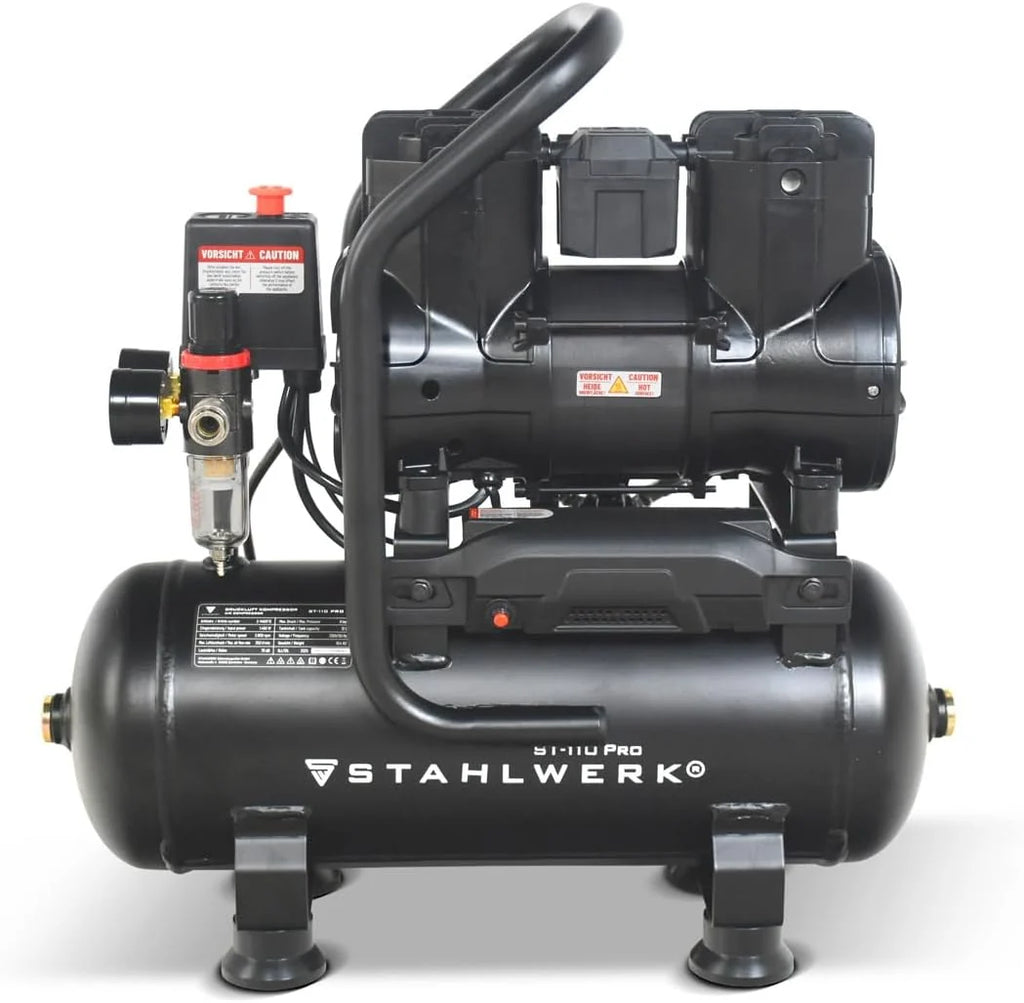 STAHLWERK ST-110 Pro kompresor 10 l, bezolejowy i cichy, 8 bar, sprężarka sprężonego powietrza z silnikami bezszczotkowymi, 1,97 KM, 1,45 kW, 250 l/min, cicha sprężarka, kompresor tłokowy, sprężarka