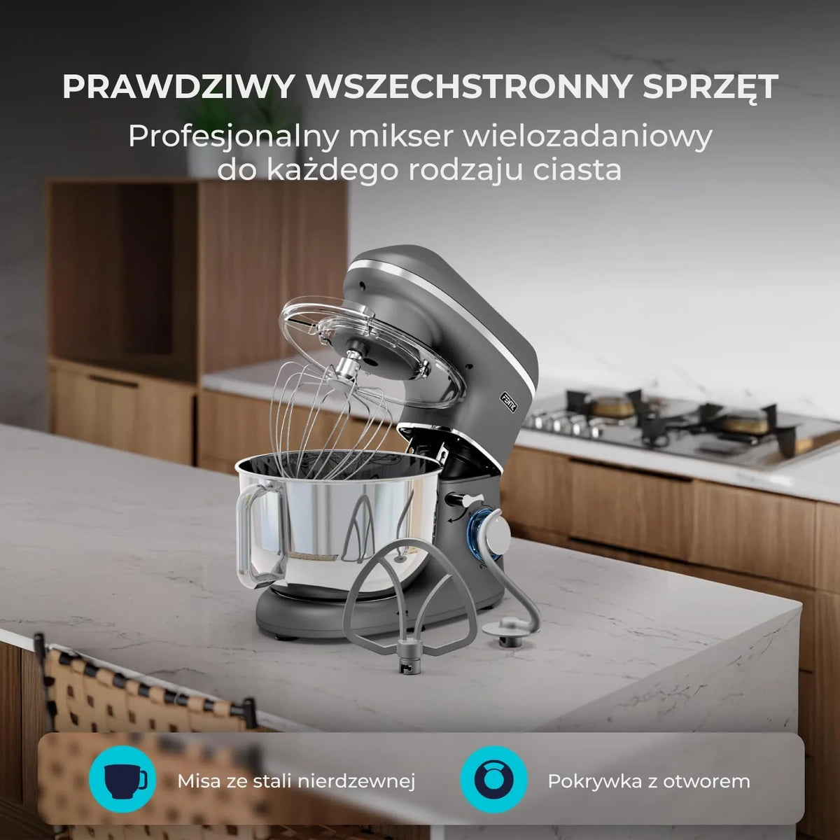 Robot kuchenny - 2000 W - miska do mieszania ze stali nierdzewnej (6,2 l) - mikser kuchenny z mieszania, hakiem do zagniatania, trzepaczką i ochroną przed pryskaniem - w zestawie