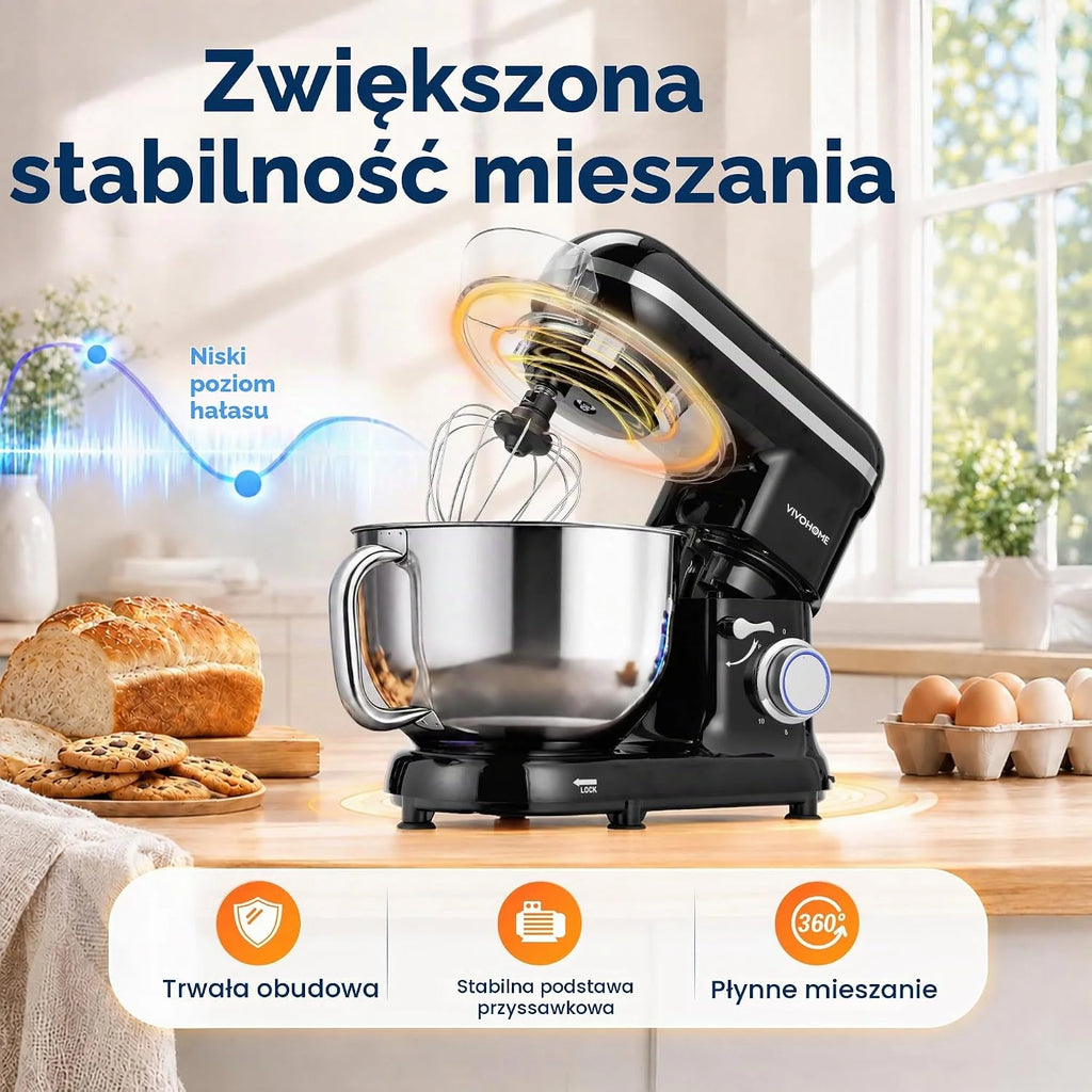 VIVOHOME Mikser Stojący 1500W, 10 Prędkości 5,7L Elektryczny Mikser Kuchenny z Głowicą Odchylaną, Mieszadłem, Hakiem do Ciasta, Trzepaczką i Separatorem Jajek, Czarny