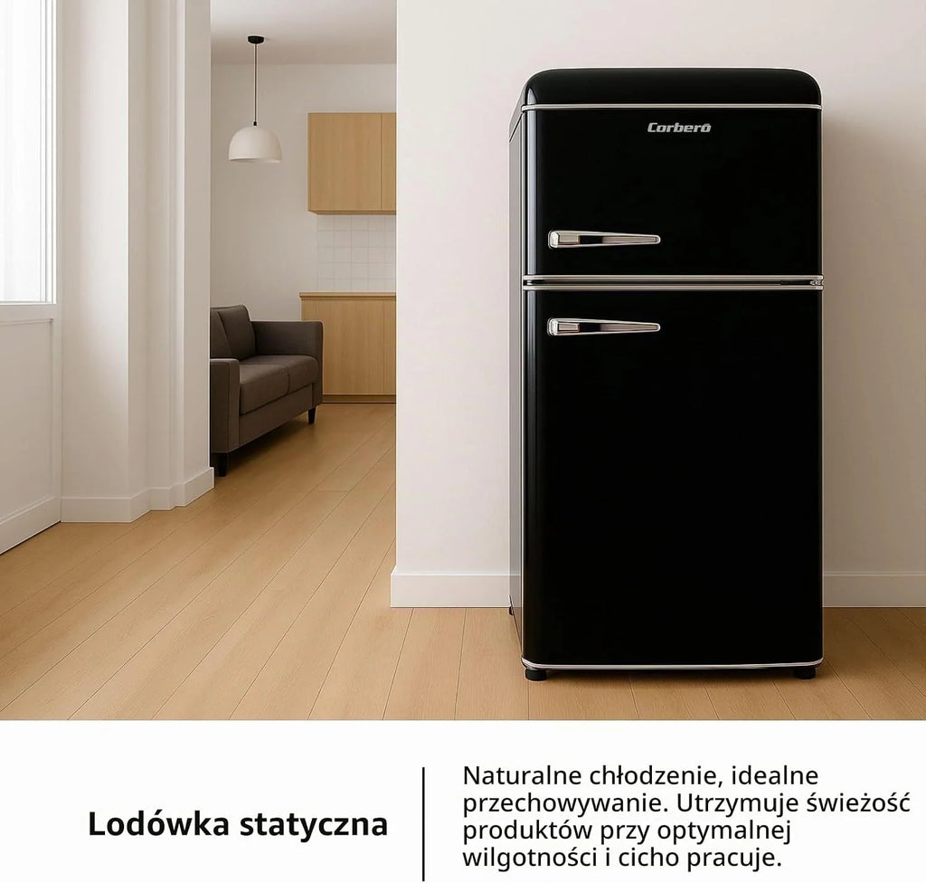 Corberó CF2PG90RN lodówka statyczna retro, 35 x 48 x 51 cm, pojemność 86 l, zamrażarka 26 l, 37 dB oświetlenie wewnętrzne, szklane półki, nogi poziomujące, czarna