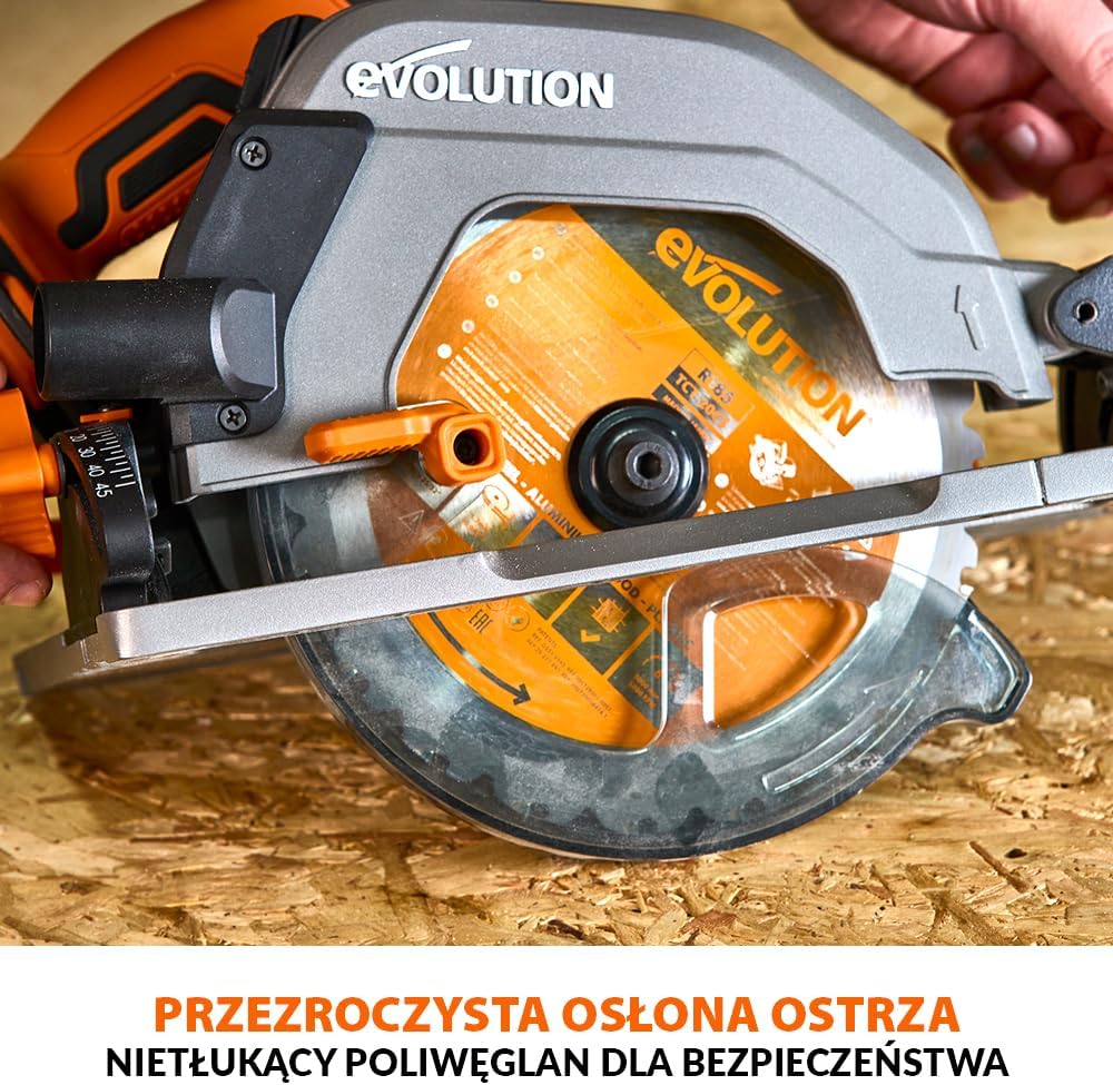 Evolution Power Tools R185CCSX-Li Pilarka tarczowa akumulatorowa 18v Li-Ion EXT z tarczą TCT do wielu materiałów, do cięcia drewna, metalu, plastiku, akumulator i ładowarka w zestawie, 185 mm