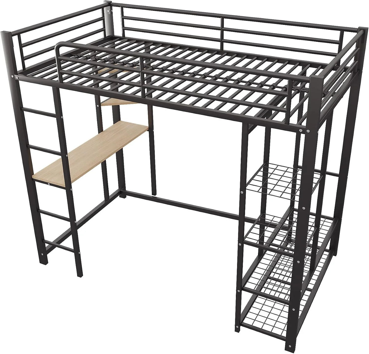 Dolamaní Łóżko piętrowe 90 x 200 cm, z biurkiem i regałem, dla młodzieży i dorosłych, nośność 120 kg, metalowe łóżko ze stelażem ze stelażem, stabilne i otwarte miejsce do zawieszenia, czarne
