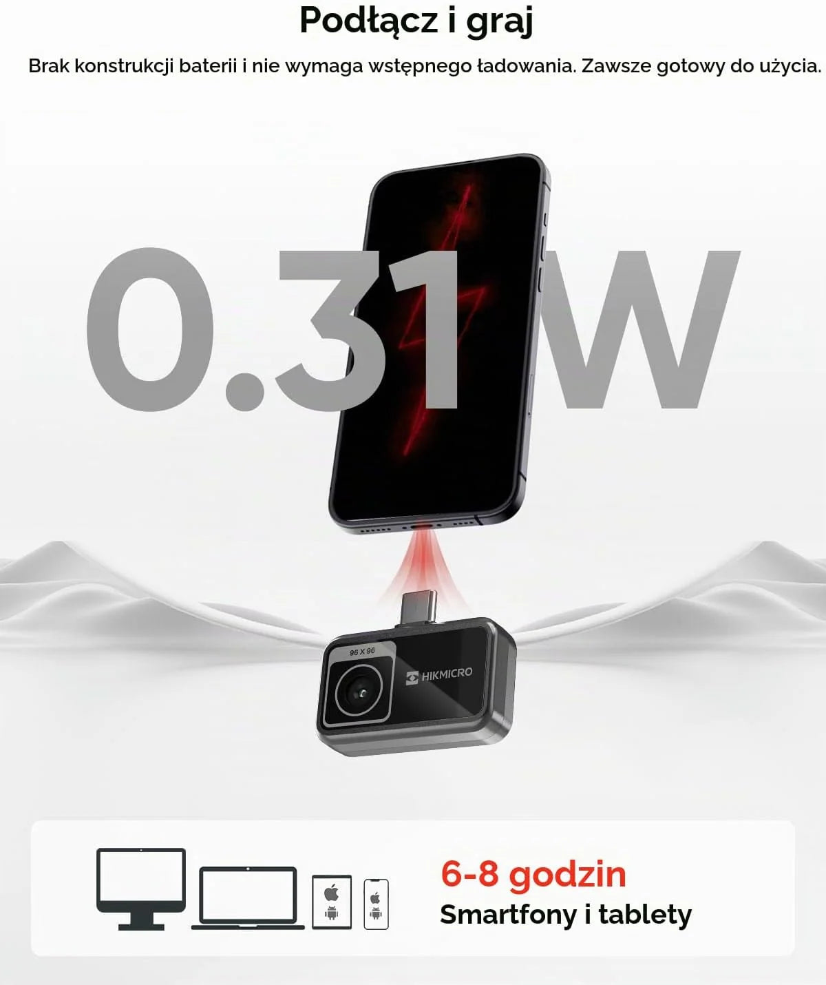 HIKMICRO Kamera termowizyjna MiniE na Android/iOS, rozdzielczość IR 96×96, SuperIR 192×192, bez baterii, port USB-C, kompatybilna z iPhone 15/16/17 (akcesoria wyłączone)