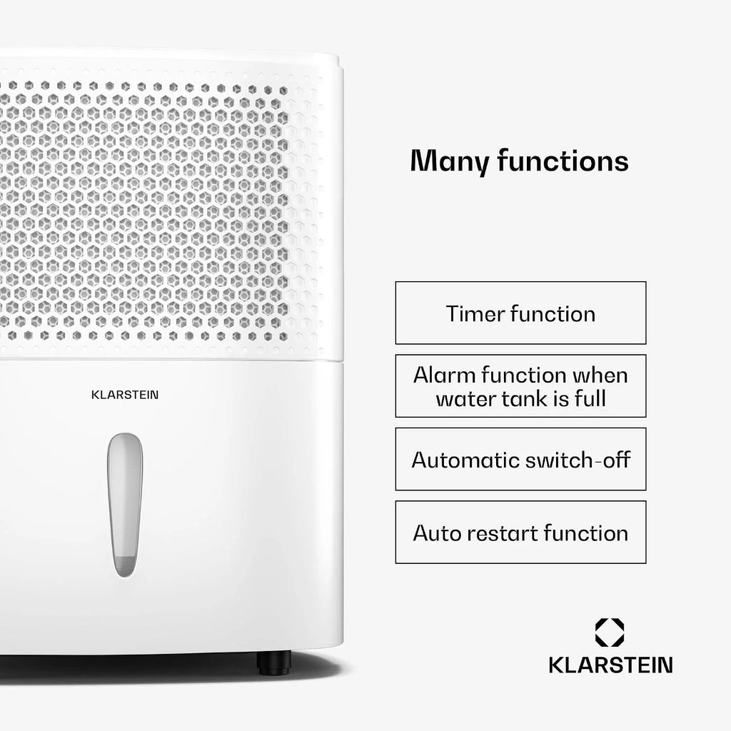 Osuszacz powietrza Klarstein DryFy 10L - 240 W, 10 l/dzień, zbiornik 1,8 l, cichy 42 dB, automatyczne osuszanie, timer, do domu, sypialni, łazienki, biały