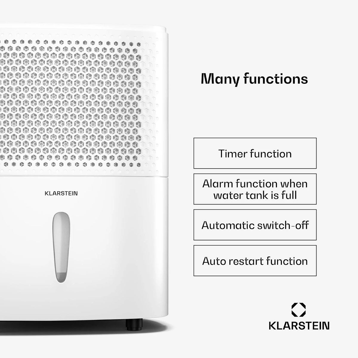 Osuszacz powietrza Klarstein DryFy 10L - 240 W, 10 l/dzień, zbiornik 1,8 l, cichy 42 dB, automatyczne osuszanie, timer, do domu, sypialni, łazienki, biały