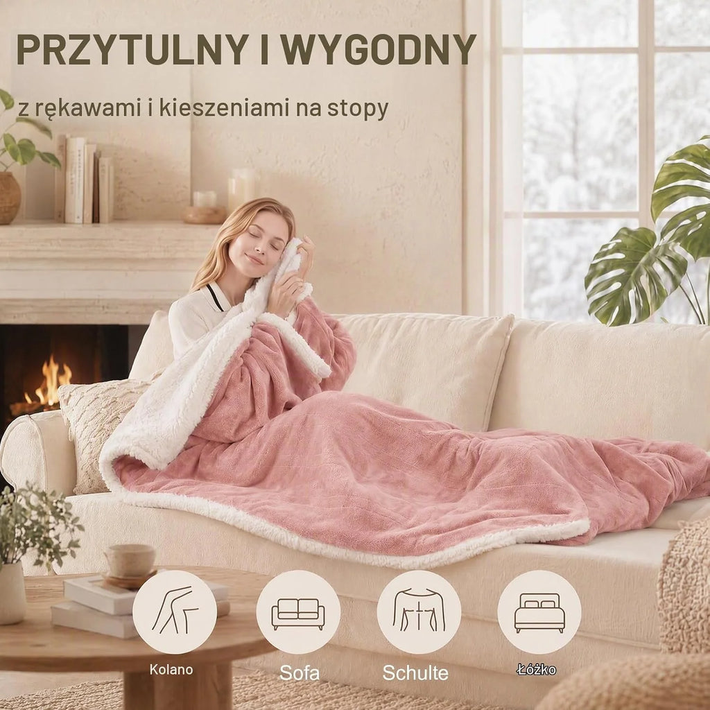 Przenośny koc grzewczy z rękawami, elektryczny koc termiczny z kieszenią na nogi, 6 stopni grzania i 2~10 godzin, automatyczne wyłączanie, różowy, 127 x 177,8 + 45,7 cm