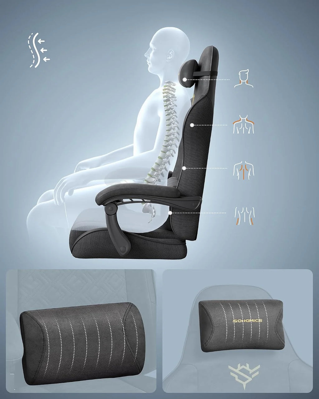 SONGMICS Fotel gamingowy, krzesło biurowe, ergonomiczny, podnóżek