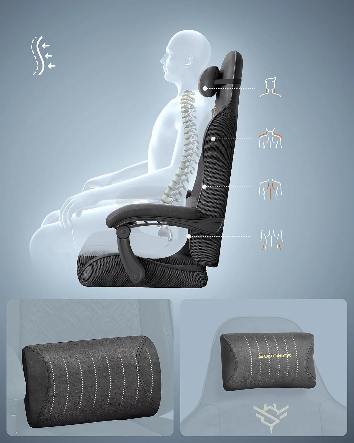 SONGMICS Fotel gamingowy, krzesło biurowe, ergonomiczny, podnóżek