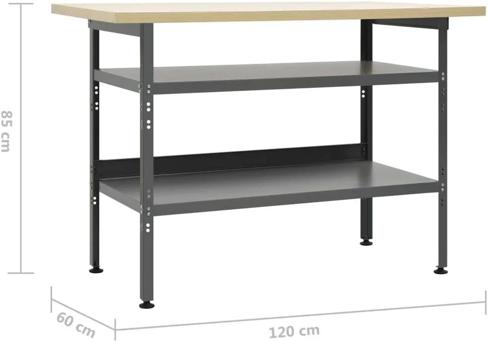 LAPOOH Stół warsztatowy, szary, 120 x 60 x 85 cm, stal, stół warsztatowy, stół roboczy, stacja robocza, panel narzędziowy, organizer, przechowywanie narzędzi, 145344