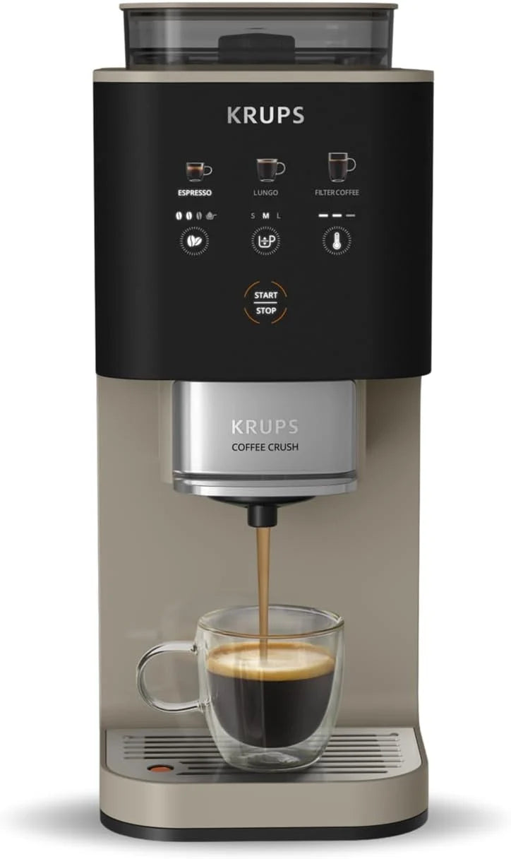 Krups Coffee Crush SA402AE0 Ekspres do kawy ciśnieniowy kolbowy z młynkiem, młynek ze stali nierdzewnej, tylko 15 cm szerokości, inteligentny panel sterowania, ciśnienie 15 barów