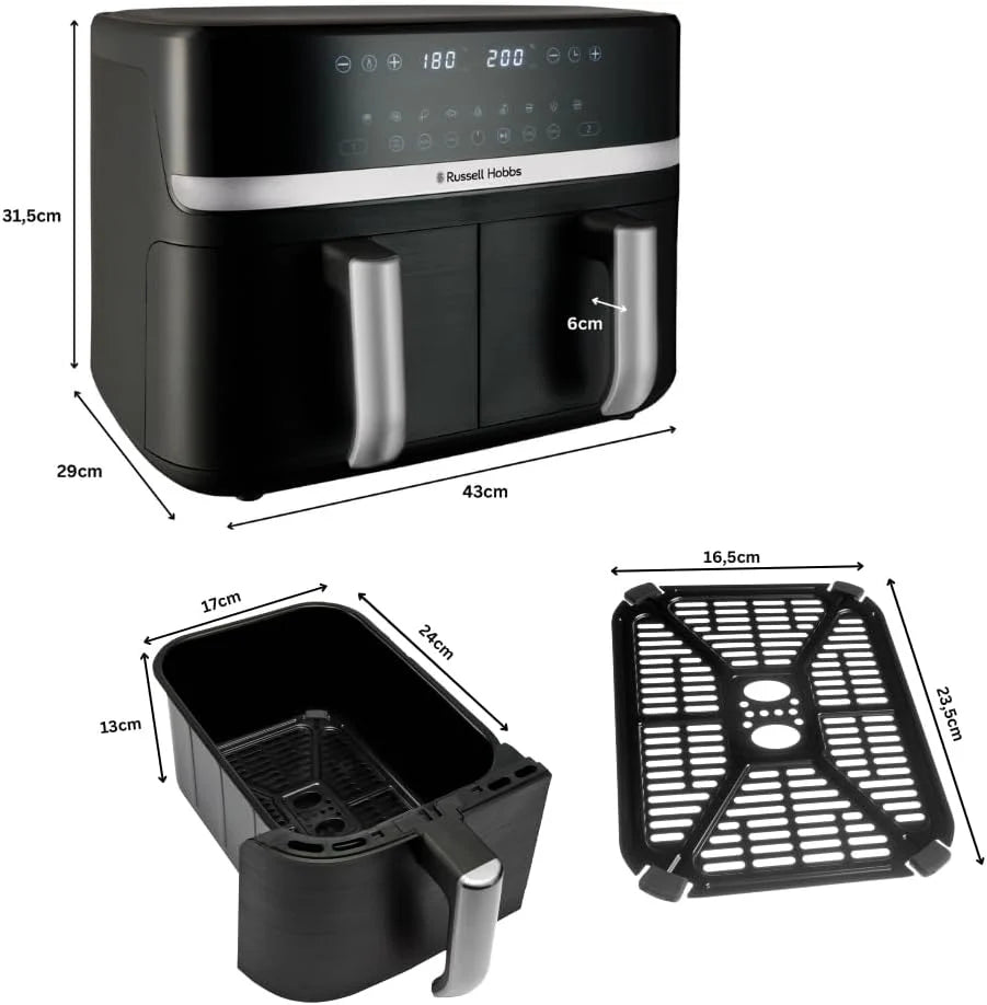 Russell Hobbs Frytkownica beztłuszczowa 9L Air Fryer [dwie komory/strefy, 9 programów] Satisfry (szuflady można myć w zmywarce, maks. 200℃, niski poziom hałasu, pieczenie bez oleju, 2800W) 27681-56