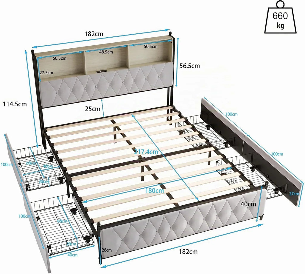 Podwójne łóżko tapicerowane 180 x 200 cm z 4 szufladami, łóżko bagażowe z ładowaniem USB i oświetleniem LED, rama łóżka, zagłówek z miejscem do przechowywania, łóżko dla dorosłych, aksamit