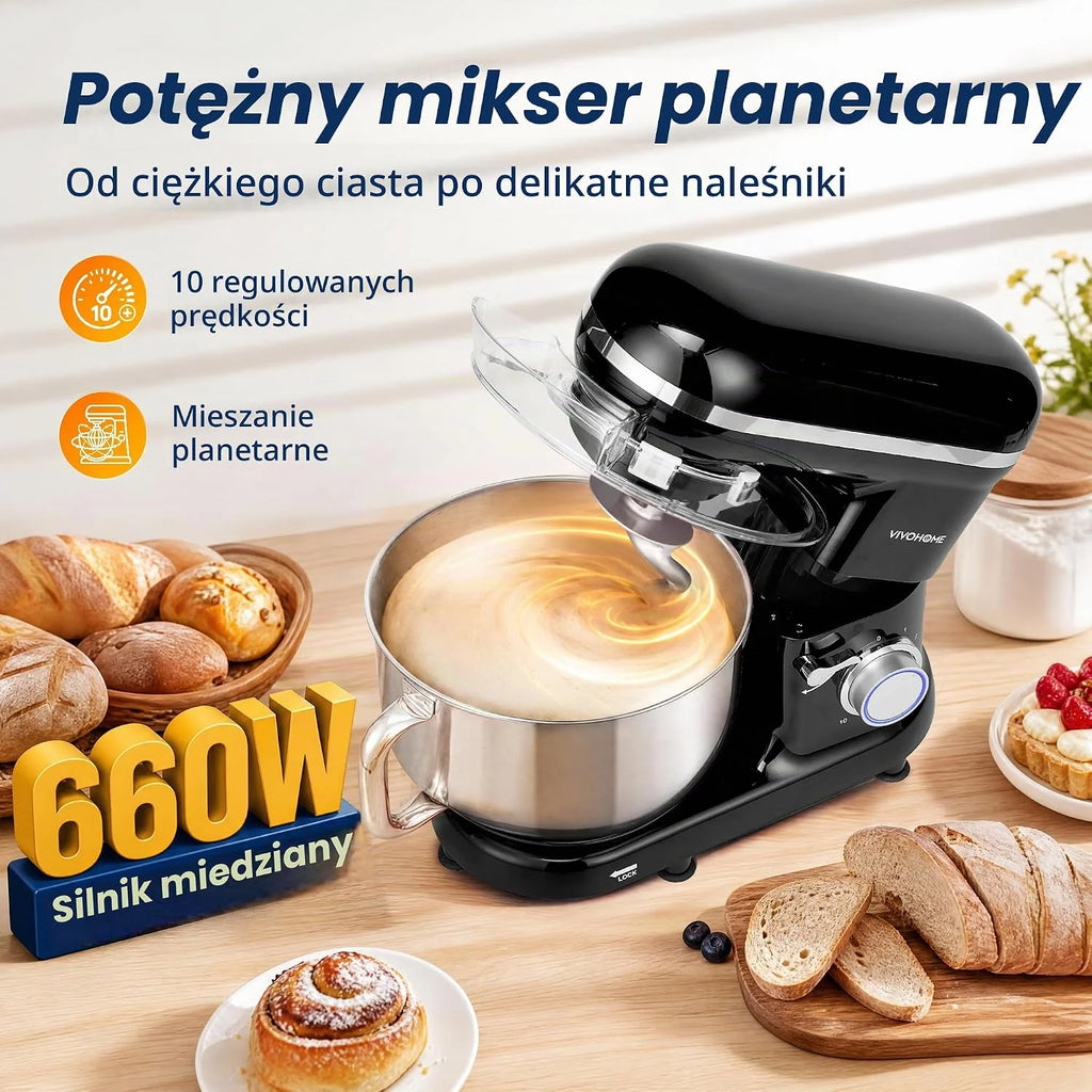 VIVOHOME Mikser Stojący 1500W, 10 Prędkości 5,7L Elektryczny Mikser Kuchenny z Głowicą Odchylaną, Mieszadłem, Hakiem do Ciasta, Trzepaczką i Separatorem Jajek, Czarny