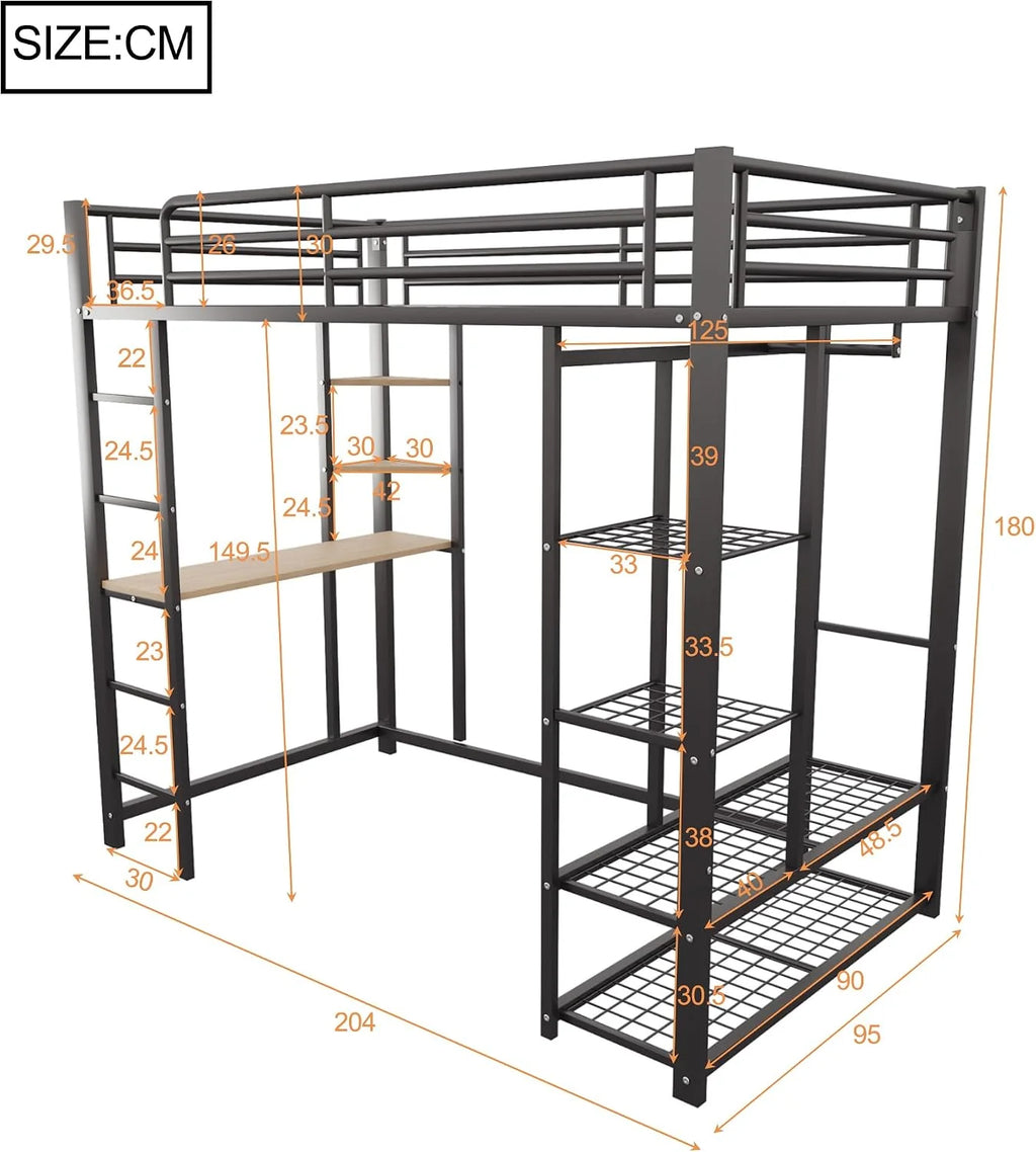 Dolamaní Łóżko piętrowe 90 x 200 cm, z biurkiem i regałem, dla młodzieży i dorosłych, nośność 120 kg, metalowe łóżko ze stelażem ze stelażem, stabilne i otwarte miejsce do zawieszenia, czarne