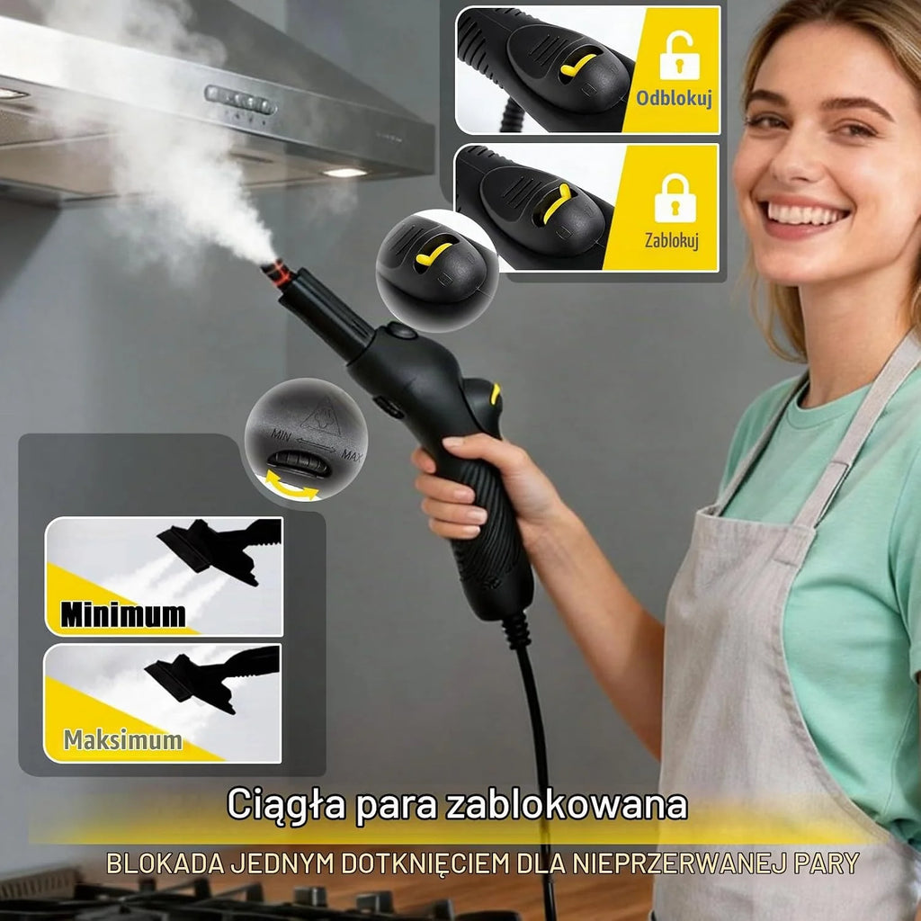 Myjka parowa 2000 W z 23 akcesoriami (w zestawie szczotki zapasowe), ciśnienie pary regulowane do 4 barów na uchwycie, zbiornik na wodę 1,5 l, nawijacz kabla i przegródka na akcesoria, do wszystkich