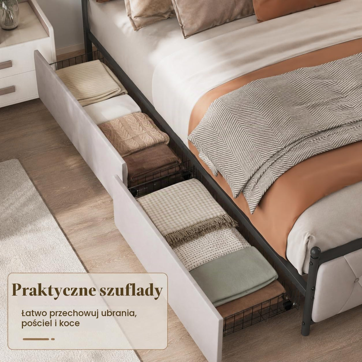 Podwójne łóżko tapicerowane 180 x 200 cm z 4 szufladami, łóżko bagażowe z ładowaniem USB i oświetleniem LED, rama łóżka, zagłówek z miejscem do przechowywania, łóżko dla dorosłych, aksamit