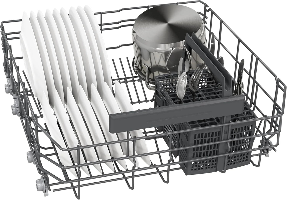 Siemens SN43HS16AE iQ300, zmywarka do zabudowy 60 cm, wyprodukowano w Niemczech, kosz na sztućce, Smart Start, trzy razy szybsze płukanie, program HygienePlus, IntensiveZone, aquaStop, stal