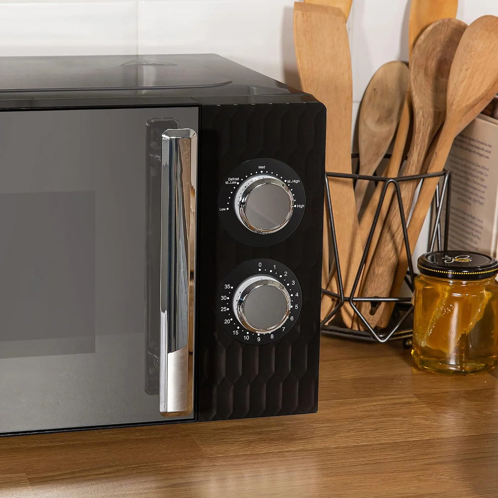 Russell Hobbs Honeycomb RHMM715B 17 l i 700 W ręczny kuchenka mikrofalowa, kolor czarny, z 5 poziomami mocy, wbudowanym timerem i funkcją rozmrażania.