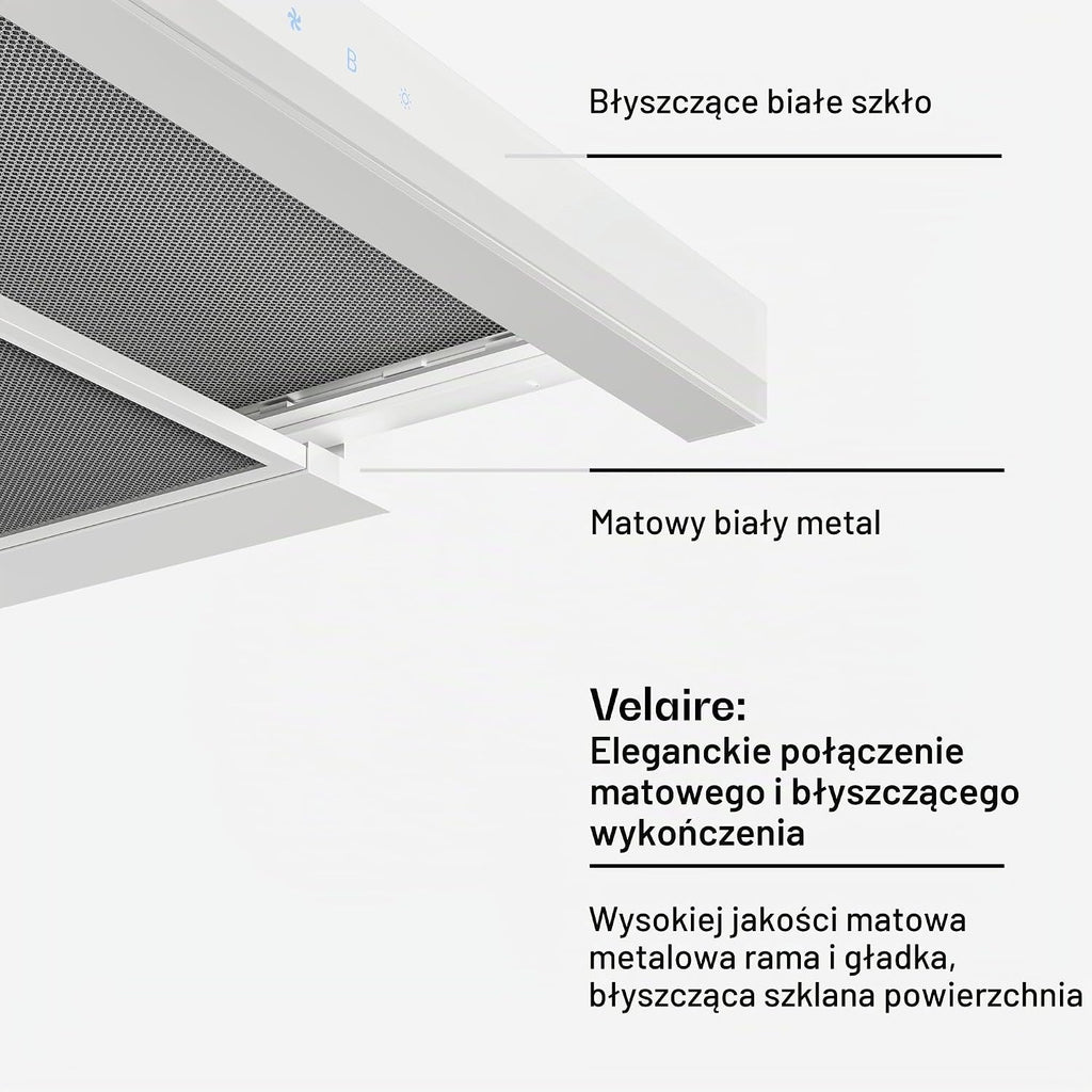 Klarstein Okap kuchenny, Velaire 60cm, podblatowy, rozsuwanyy, 896 m³/h boost, dotykowy, klasa energetyczna A++, LED, cichy, aluminiowy i z filtrem z węglem aktywnym, podblatowy kuchnia, biały