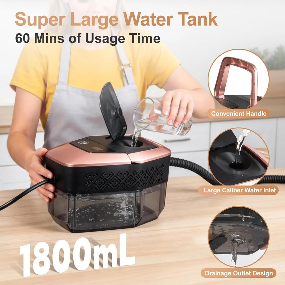 Ręczna myjka parowa, 1500 W, ręczne urządzenie do czyszczenia parą, szybkie nagrzewanie w 15 sekund, zbiornik na wodę 1,8 l, z 12 akcesoriami do samochodów, różowe złoto (przytrzymaj 3S do startu)