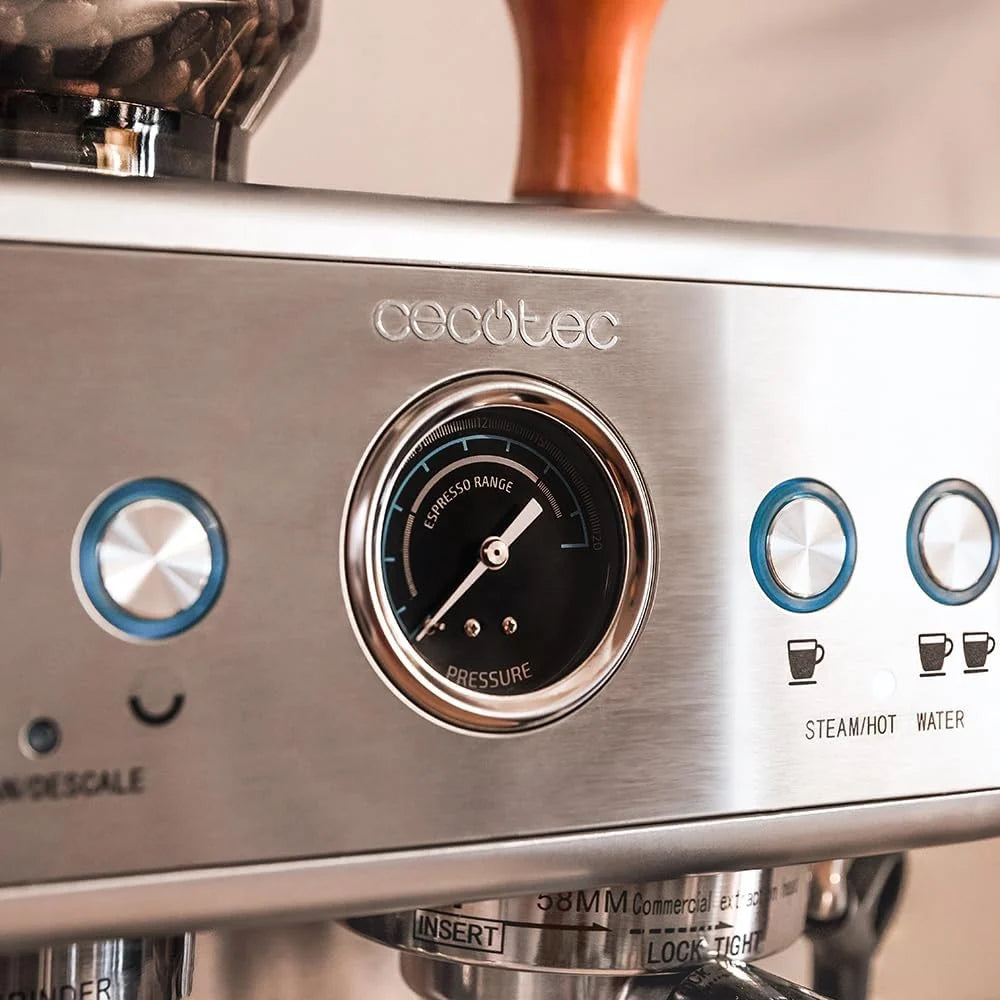 Cecotec Ekspres do kawy Express 20 barów Power Espresso 20 Barista, 2250 W, manometr, 2 Thermoblocks, regulowany parowiec, pojemnik na kawę ziarnistą i młynek z 20 poziomami