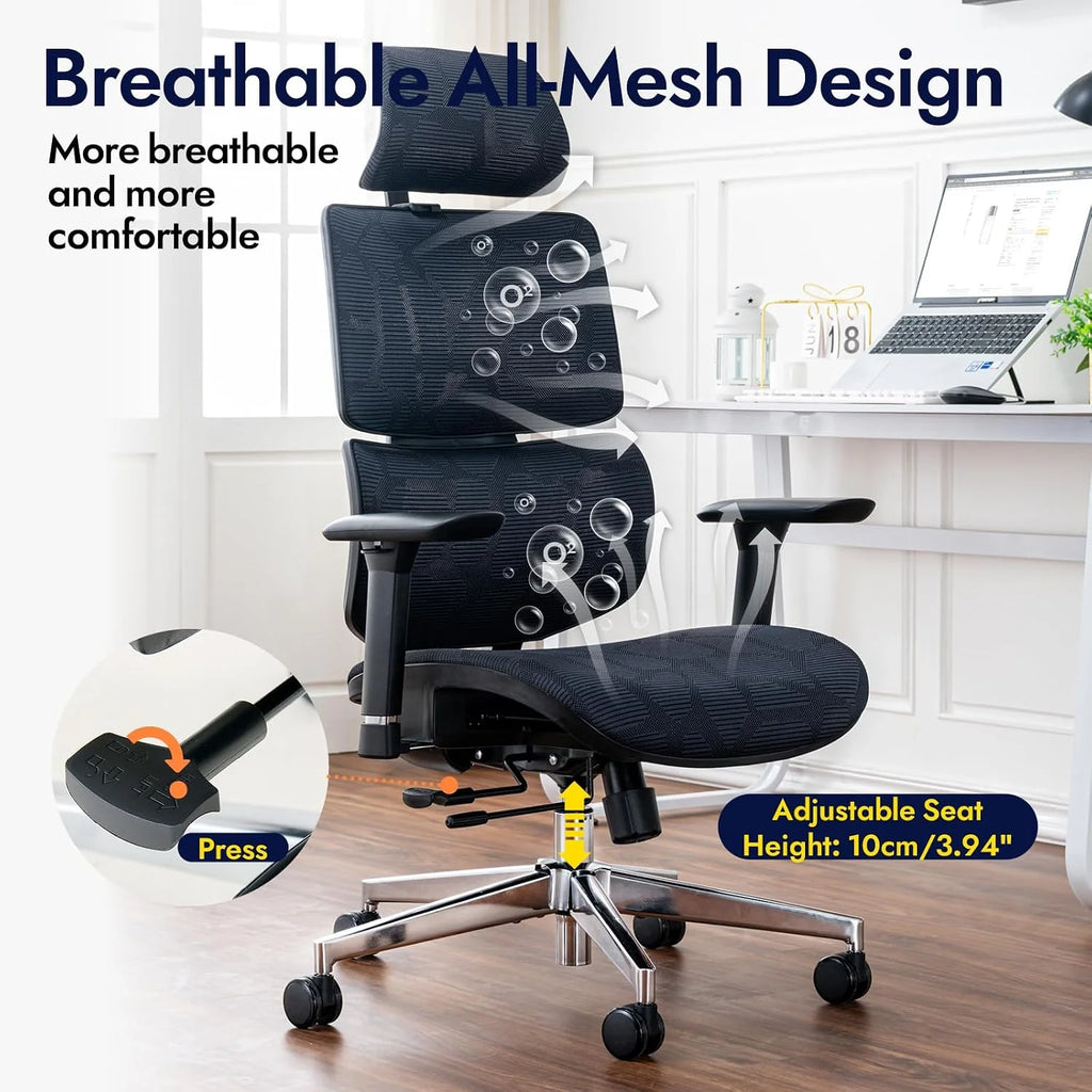 Ergonomiczne krzesło biurowe, ALL-Mesh wysokie oparcie, domowe krzesło biurowe, podparcie lędźwiowe, fotel gamingowy, regulowane podłokietniki i zagłówek 3D, duże i wysokie obrotowe krzesło