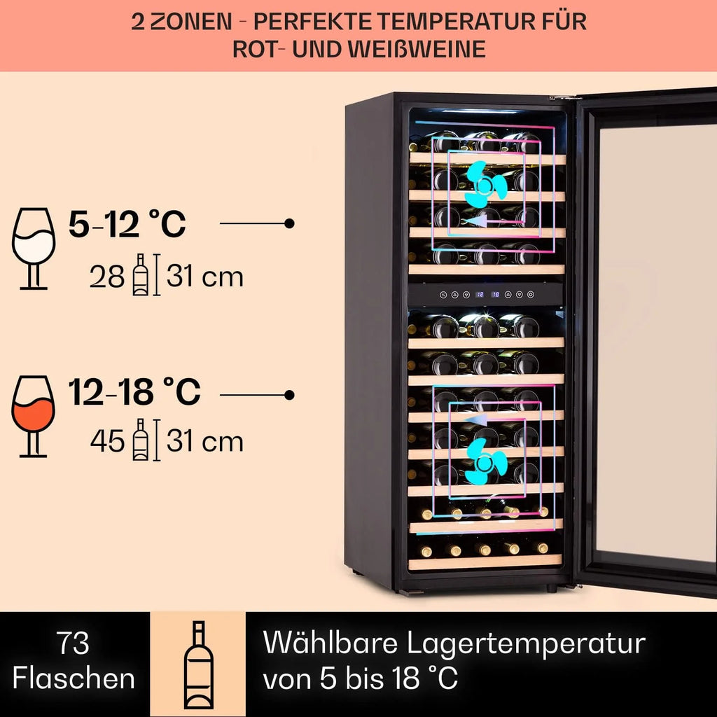 Klarstein Chłodziarka do wina wolnostojąca, Mała wąska lodówka na napoje, 2 strefy, chłodziarka ze szklanymi drzwiami, Beersafe Indoor/Outdoor, Mała lodówka z oświetleniem LED, 5-18°C, 73 butelki