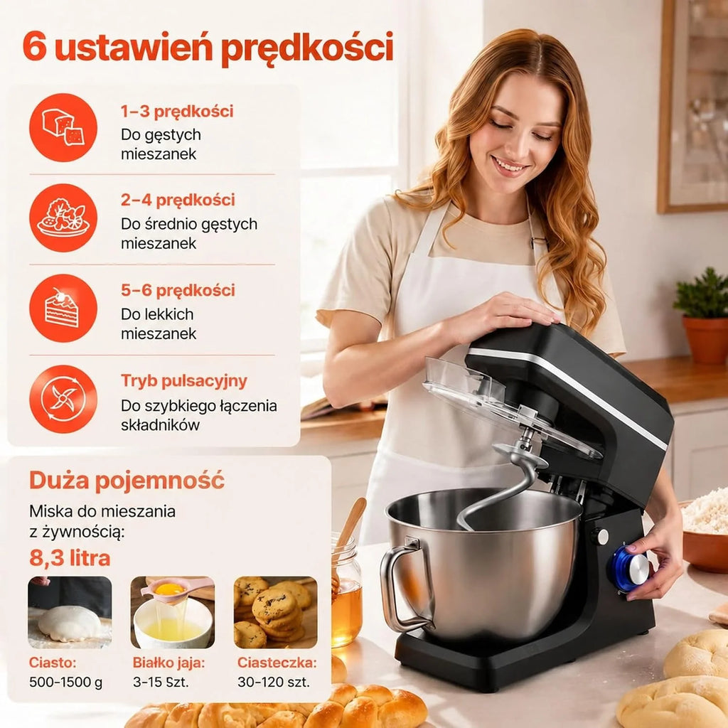 Mikser planetarny 1400 W, misa ze stali nierdzewnej 7,84 L, głowica uchylna, 6 biegów puls, hak, trzepaczka, skrobak, czarny