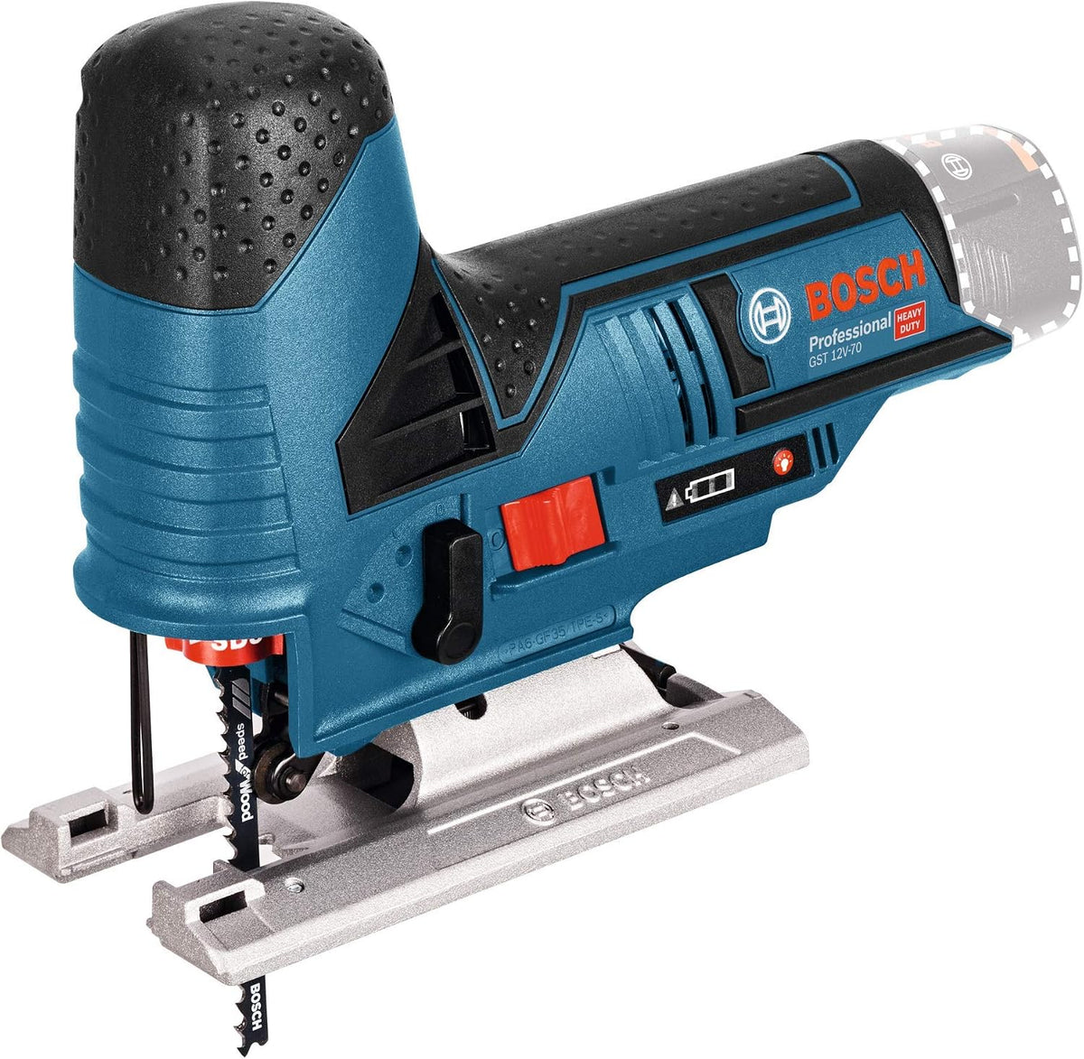 Bosch Professional system 12V: akumulatorowa wyrzynarka GST 12V-70 (2 brzeszczoty, stopka ślizgowa, osłona przeciwodpryskowa, głęb. cięcia w drewnie: 70 mm, walizka L-BOXX)
