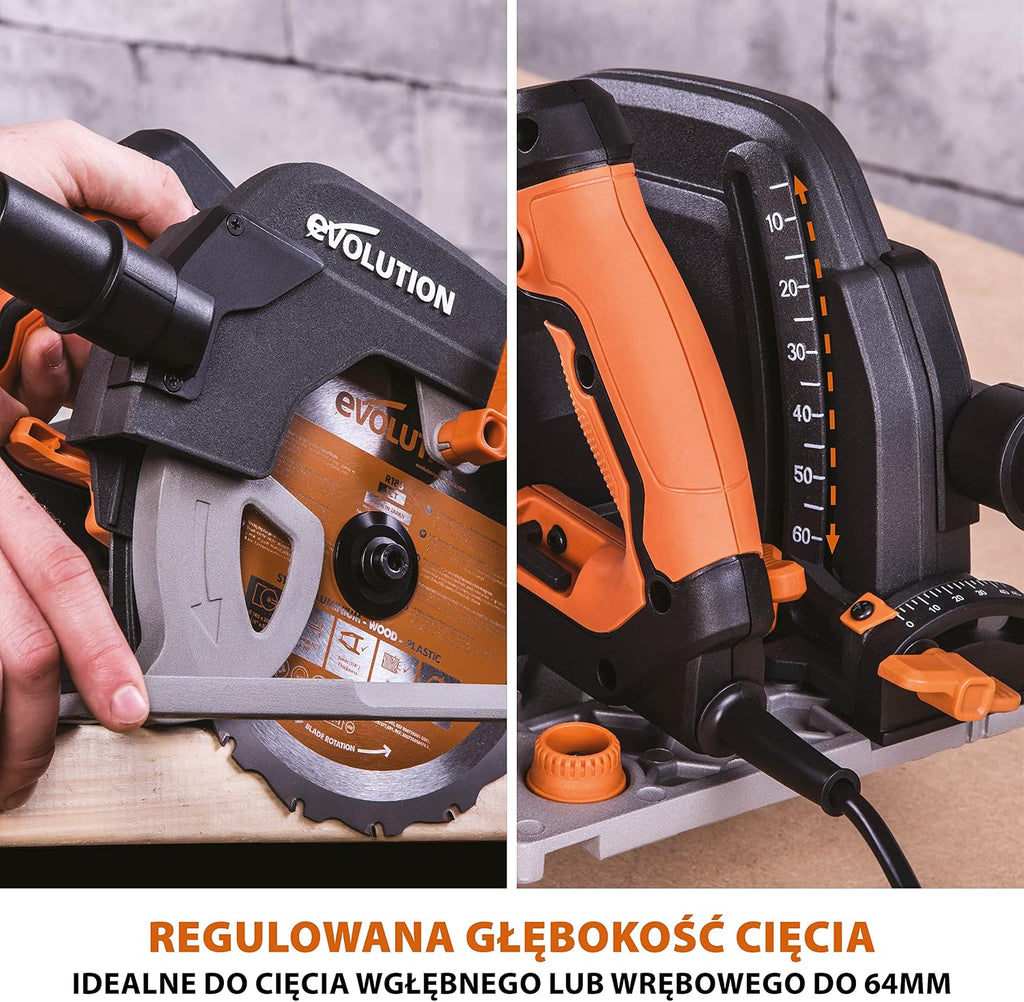 Evolution Power Tools R185CCSX Piła tarczowa i prowadnica do różnych materiałów, tnie drewno, drewno z gwoździami metal stal aluminium plastik, opcja odchylenia, w zestawie prowadnica 1020 mm, 185 mm