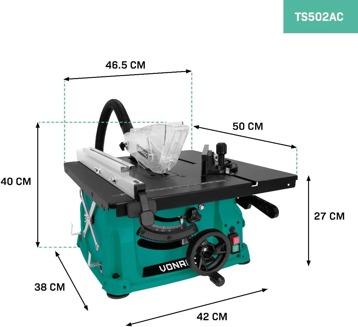 VONROC Piła stołowa 1500W - Ø210 mm – kompaktowa i przenośna – 5000 obr/min - w zestawie brzeszczot 40T