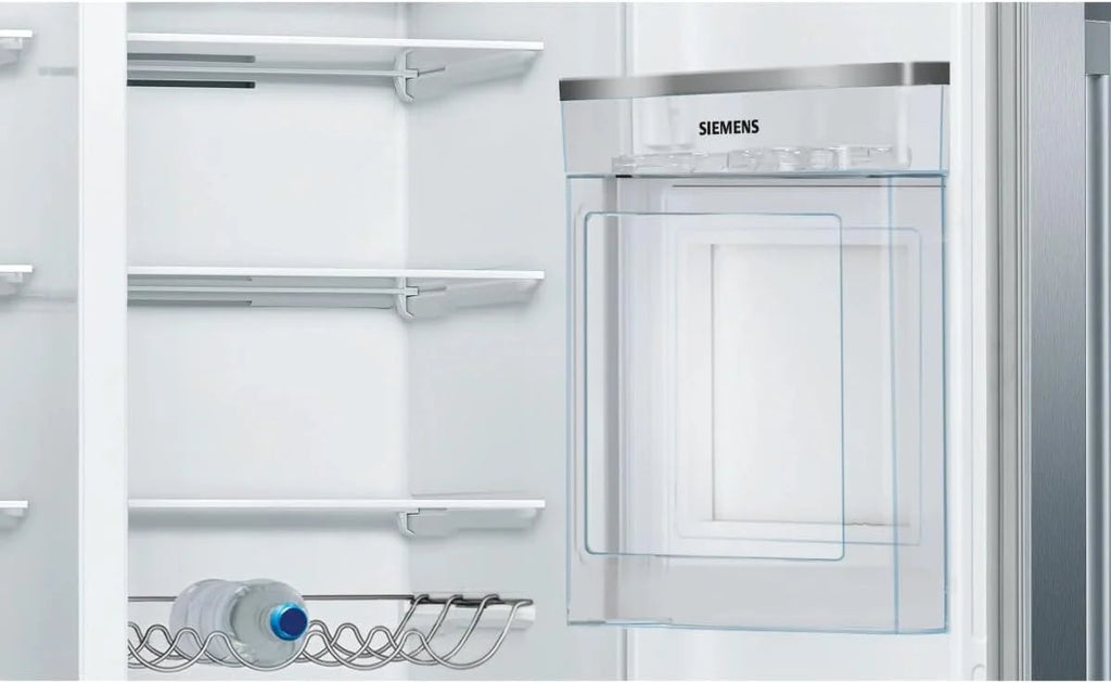 SIEMENS KA93GAIDP, iQ500, amerykański side-by-side, 178,7 x 90,8 cm, chłodzenie 369 l i zamrażanie 191 l, system odświeżania noFrost, dozownik lodu i wody z przyłączem wody, komora barowa, stal